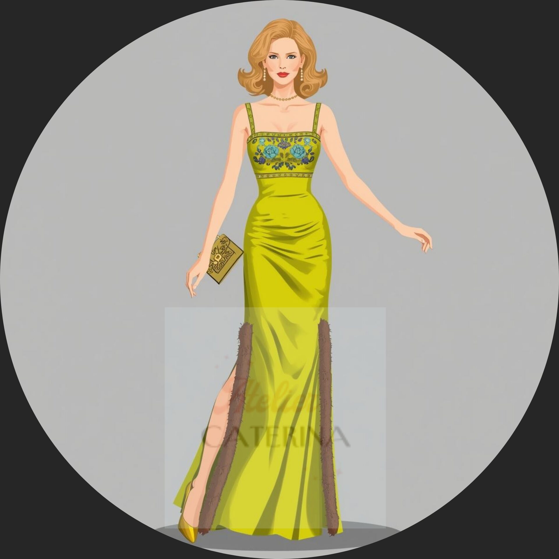 Floor-length chartreuse silk satin gown inspired by 1990s Oscars style, featuring a slim column silhouette, delicate straps, high side slit, and elegant minimalist design